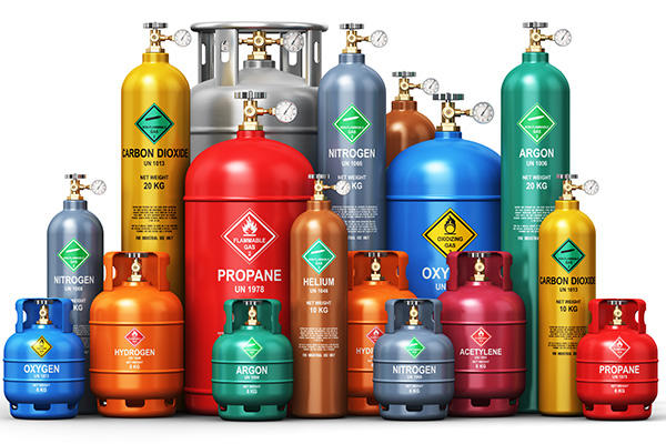 cylinder gas, oxygen, hydrogen, nitrogen, propane and other gas containers next to each other