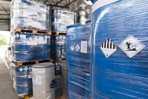 Hazardous materials seran wrapped in a warehouse